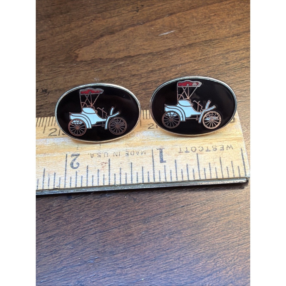 Vintage Oval Enamel Antique Car Ford Wagon Mens Gold Tone Cuff Links